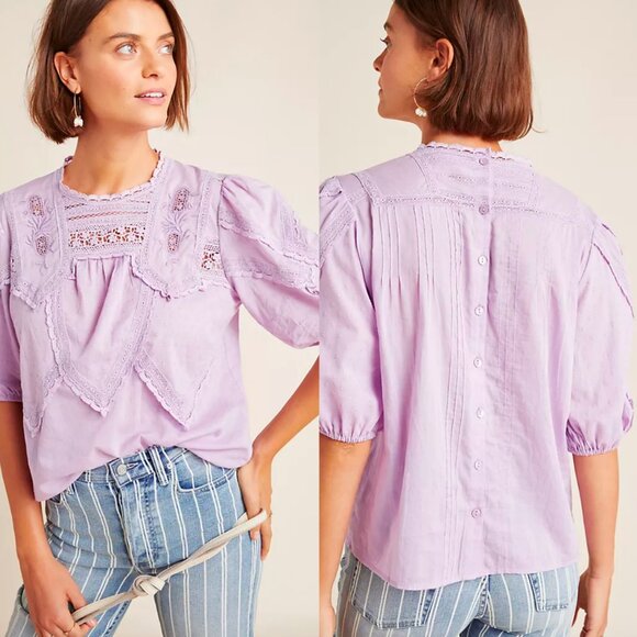 ANTHROPOLOGIE Aderyn Puff-Sleeved Lace Blouse Lavender Purple Cottagecore Small - Picture 1 of 10